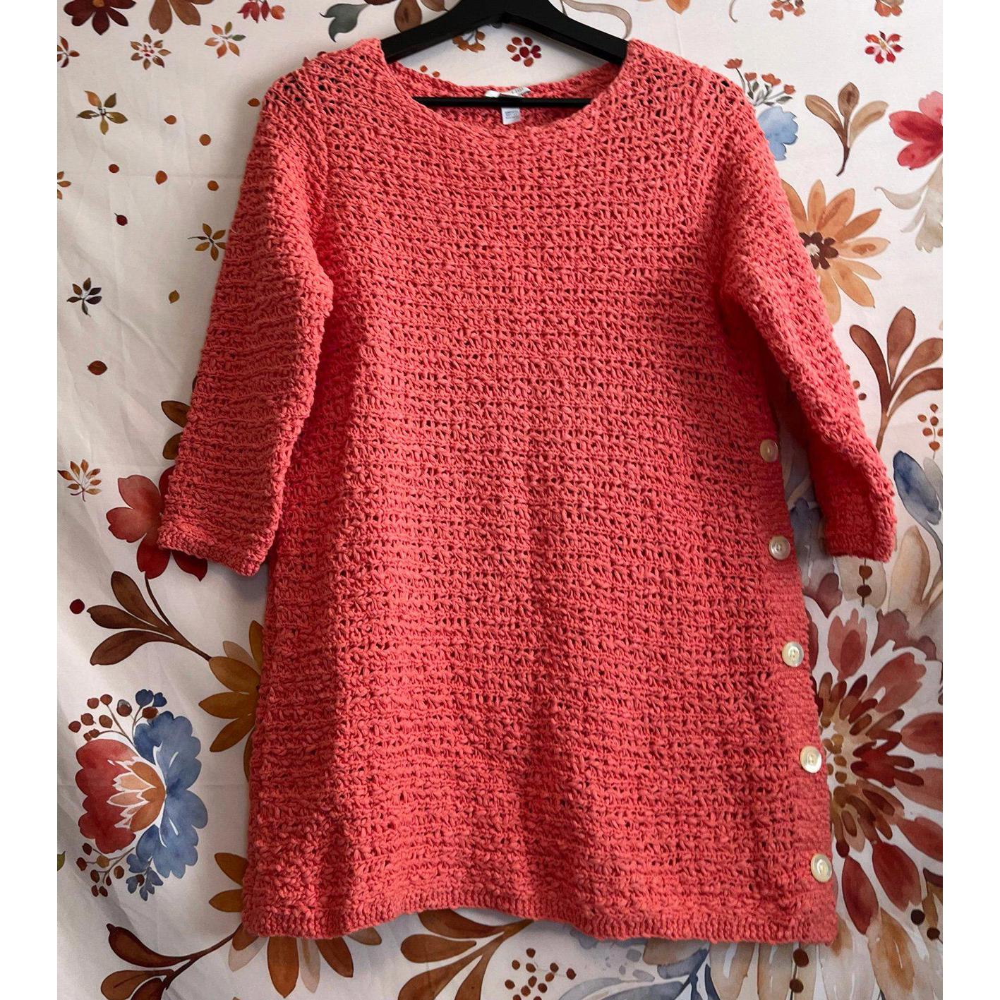 J. Jill S Salmon Pink Crochet Sweater Looseknit Button Side Tunic Spring Cotton